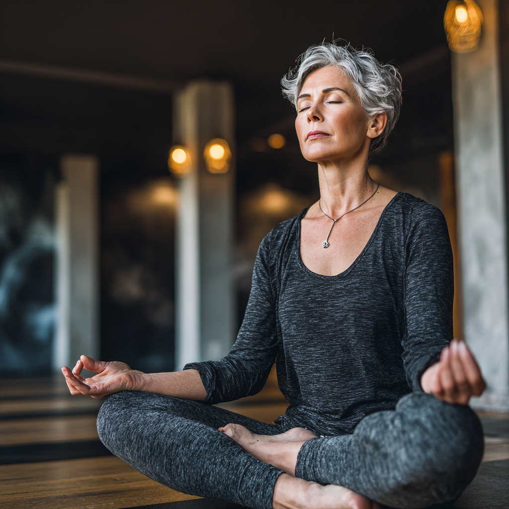 Middle-aged woman practicing meditation in peaceful yoga studio environment