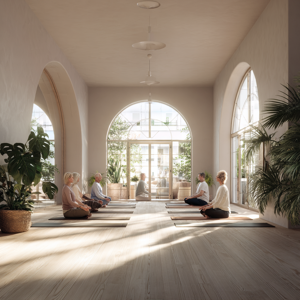 Serene yoga studio interior with mature practitioners in peaceful atmosphere